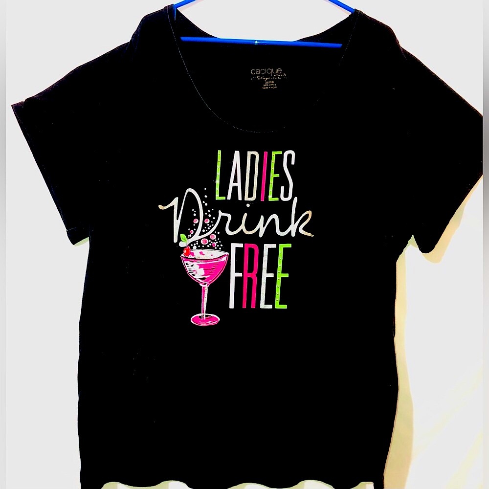 Cacique Graphic Tee “Ladies Drink Free” Plus Size 26W-28W Cotton Rhinestones fun